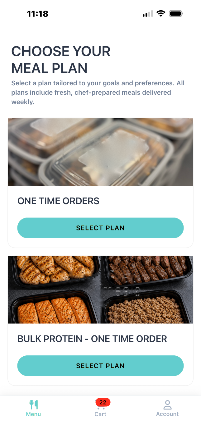 Customer app plan picker showing one-time and bulk protein plans