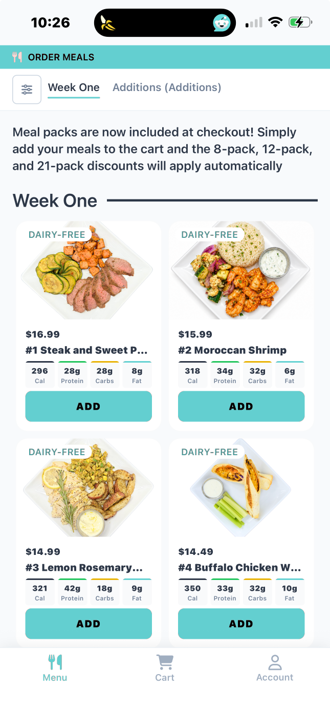 Happy Meal Prep customer app showing this week's meal menu