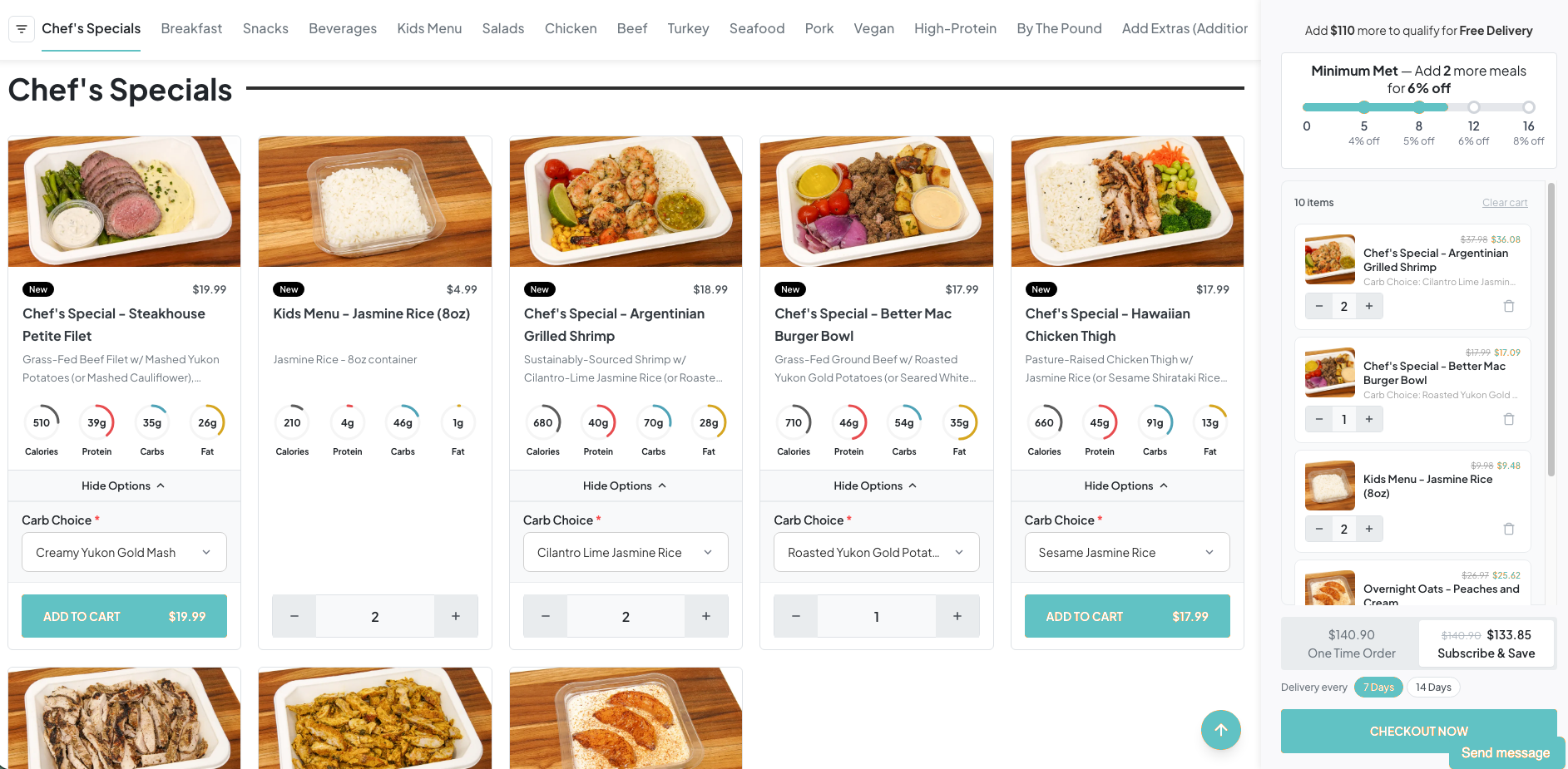Happy Meal Prep ordering page with meal cards, macros, carb choices and a running cart