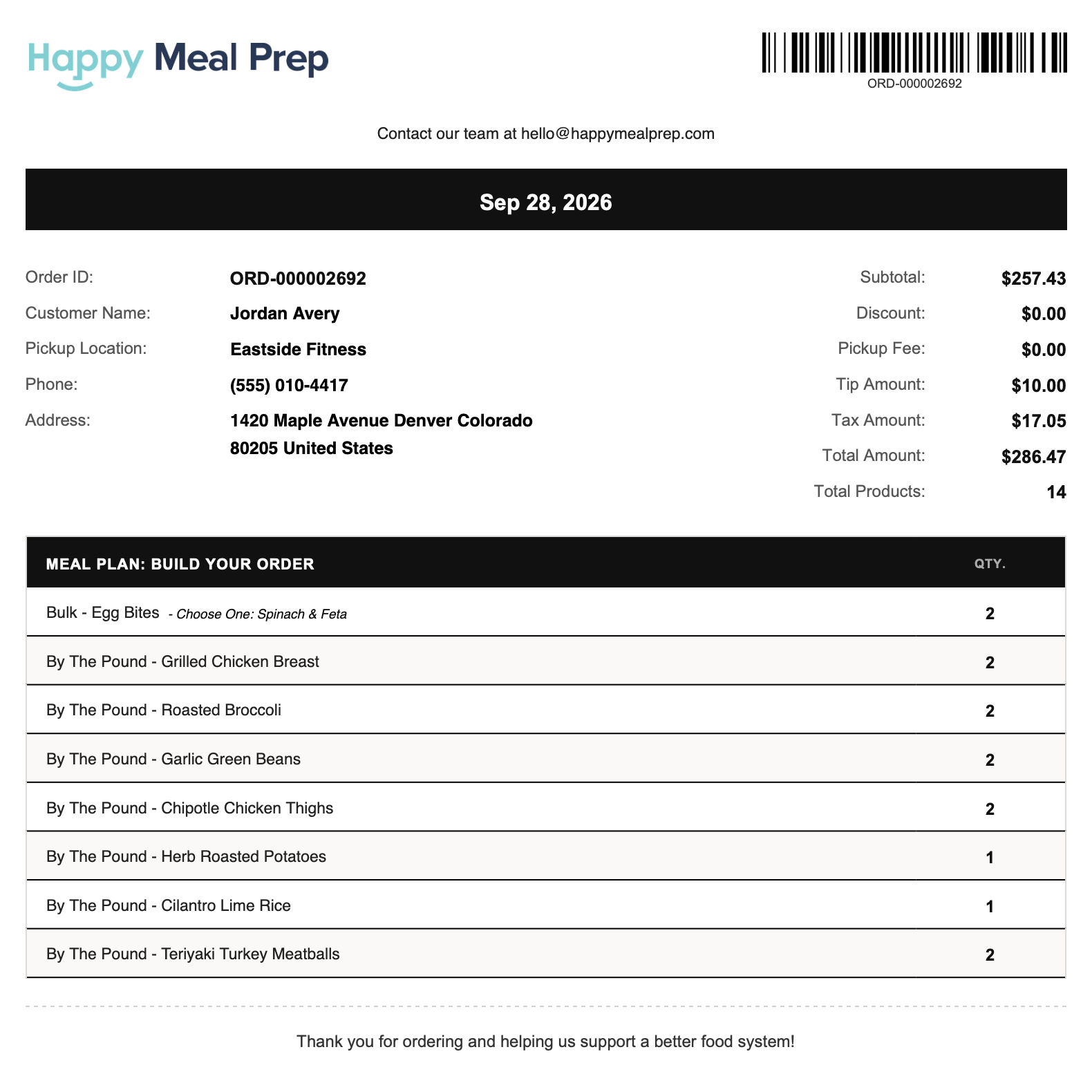 Happy Meal Prep packing slip with order details, totals and items to pack