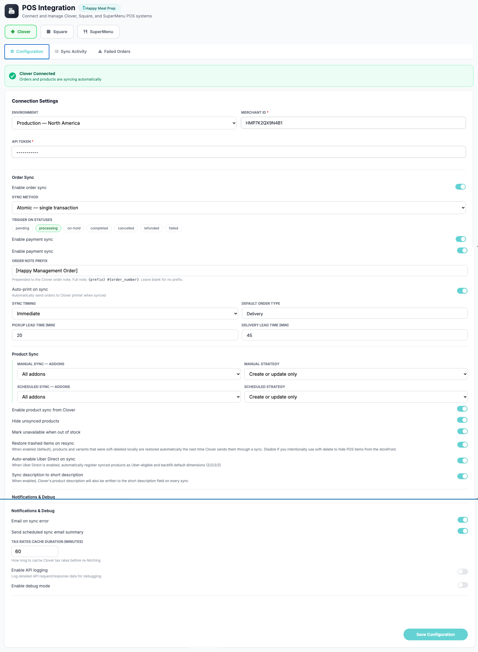 Happy Meal Prep POS integration settings with Clover connected and order, product and payment sync configured