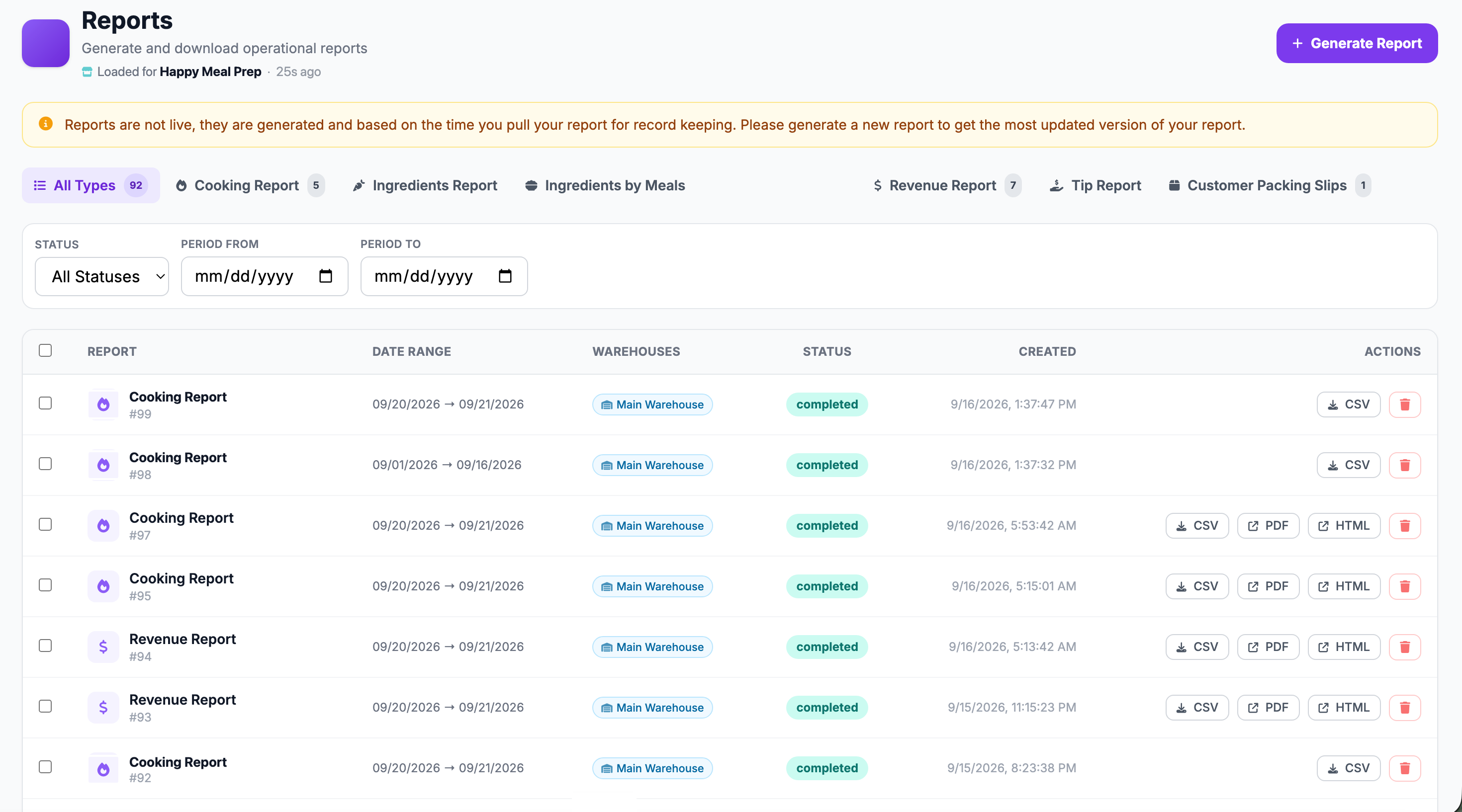 Happy Meal Prep reports screen listing cooking, revenue and tip reports